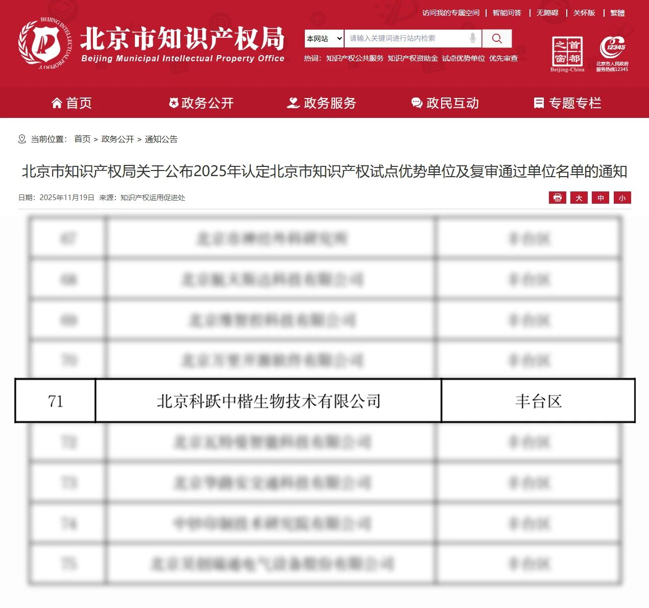 喜报丨中楷生物获评“2025年北京市知识产权试点优势单位”